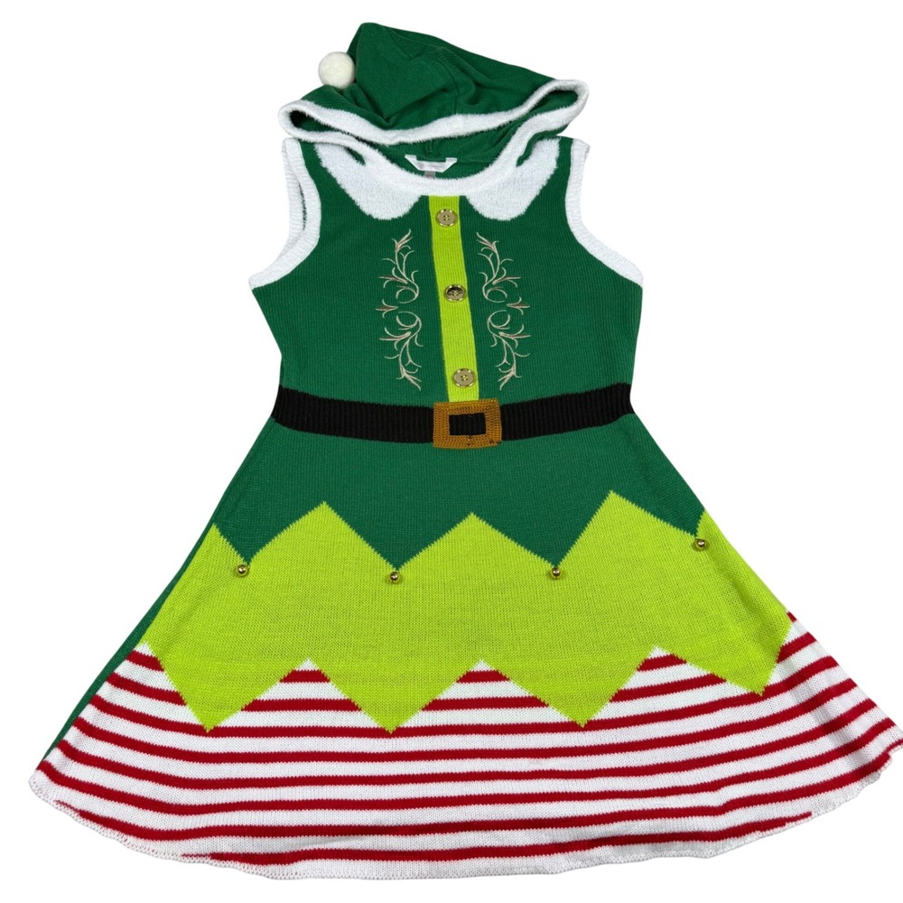 No Boundaries Womens Large Elf Costume Hooded Knit Dress Green Red White Striped